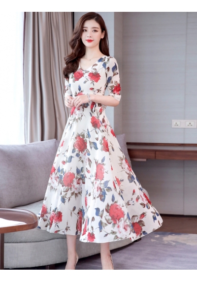 long dress chiffon motif bunga D5559