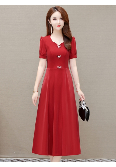 midi dress wanita korea merah D7754