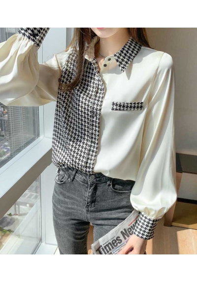 kemeja wanita korea motif houndstooth T7920