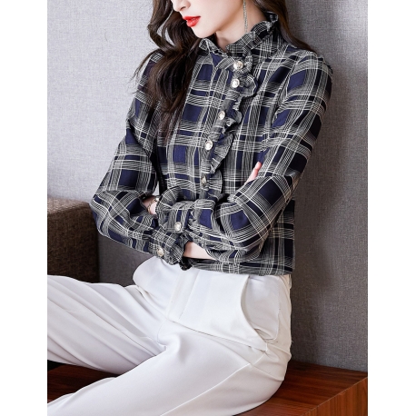 blouse wanita korean style motif kotak kotak T7885