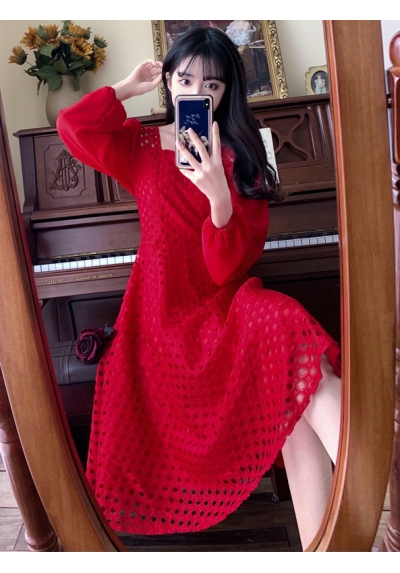dress NATAL merah lengan panjang D7841