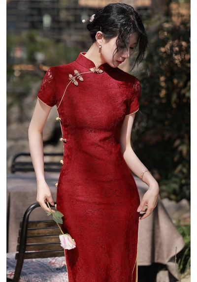 dress cheongsam merah import D7904