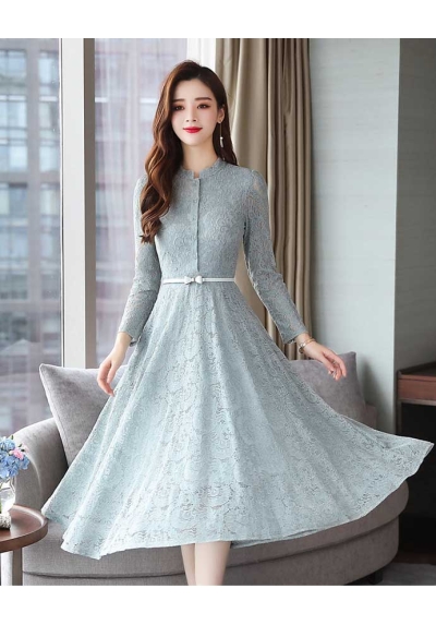 dress brokat lengan panjang wanita korea D8018