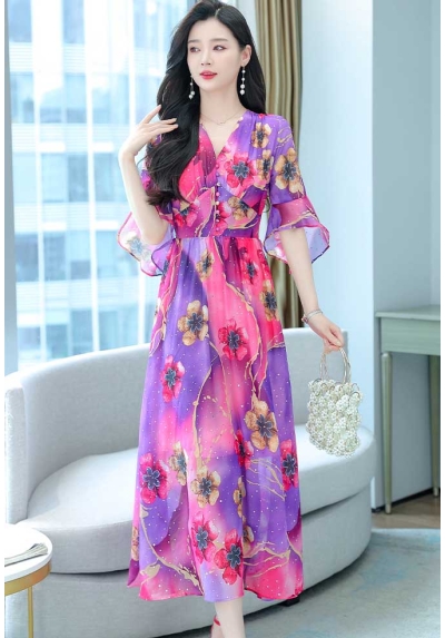 long dress wanita korea v-neck D8035