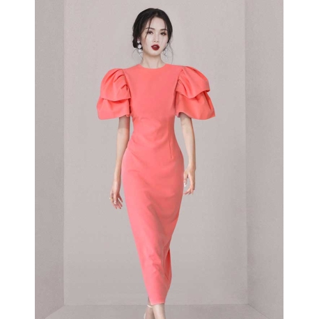 dress pesta pink elegant wanita korea D8233