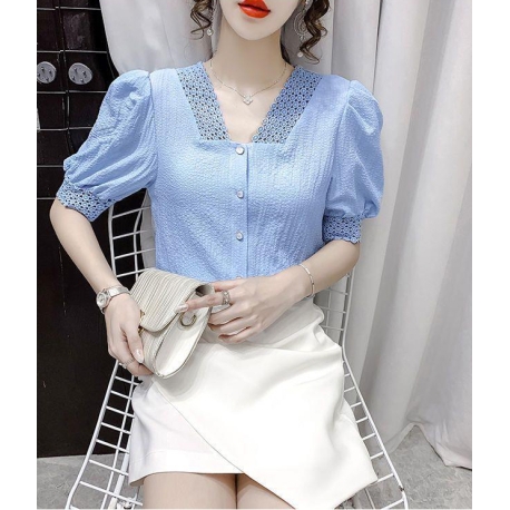 Blouse wanita v-neck korea import lengan pendek T8670