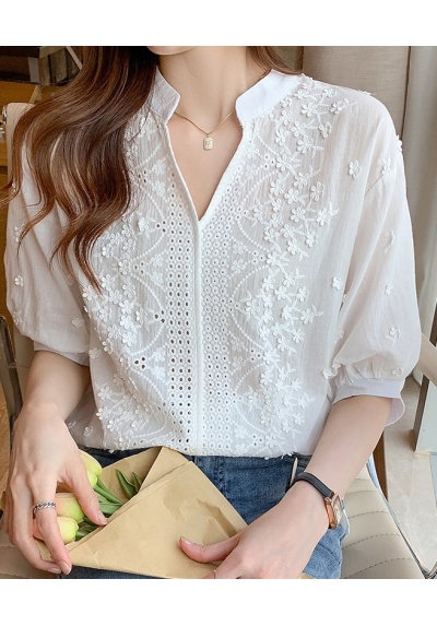 Blouse v-neck putih katun import lengan pendek T8685