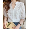 Blouse v-neck putih katun import lengan pendek T8685