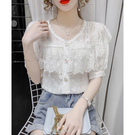 Blouse v-neck putih katun import lengan pendek T8685