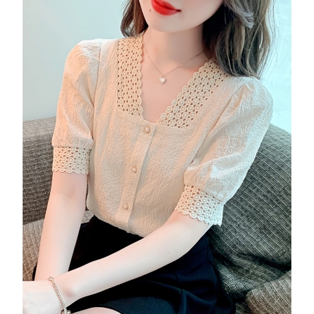 Blouse wanita v-neck korea import lengan pendek T8673