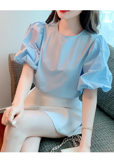 Blouse v-neck putih katun import lengan pendek T8685