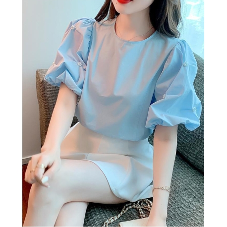 Blouse v-neck putih katun import lengan pendek T8685