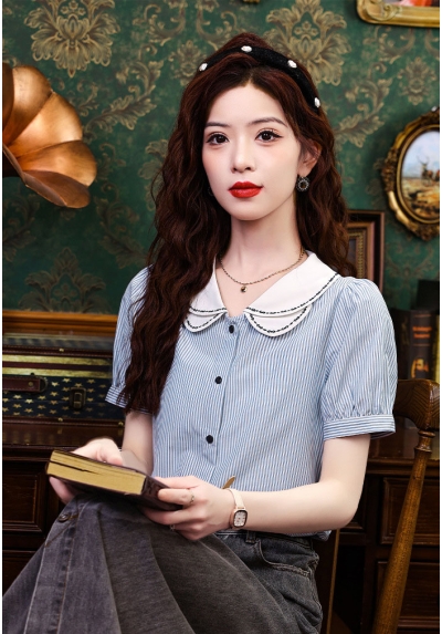 Kemeja wanita import motif garis garis T8743