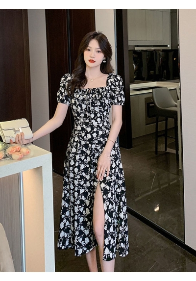 midi dress wanita korea import motif bunga D8436
