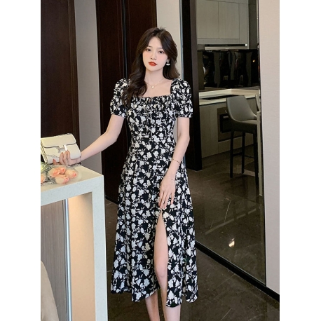 midi dress wanita korea import motif bunga D8436