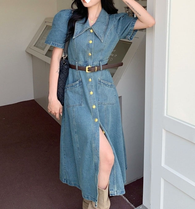 dress denim wanita Eunae Belted Denim Dress Light Blue Dress Wanita