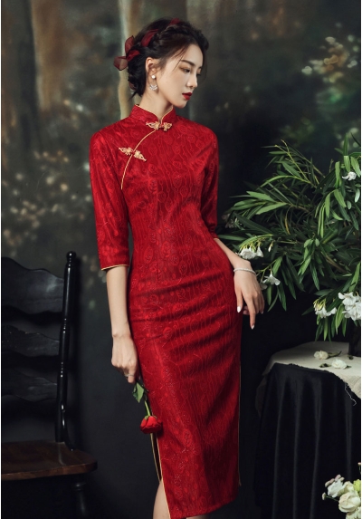 dress cheongsam merah wanita import D8471