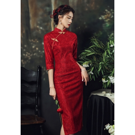 dress cheongsam merah wanita import D8471