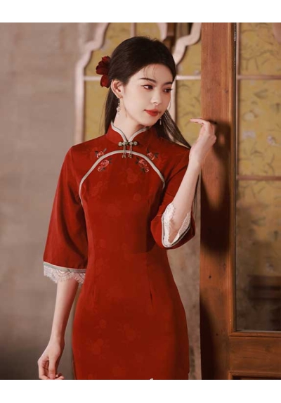 dress cheongsam merah import D8480