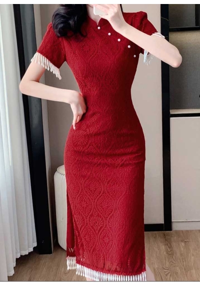dress cheongsam merah import D8484