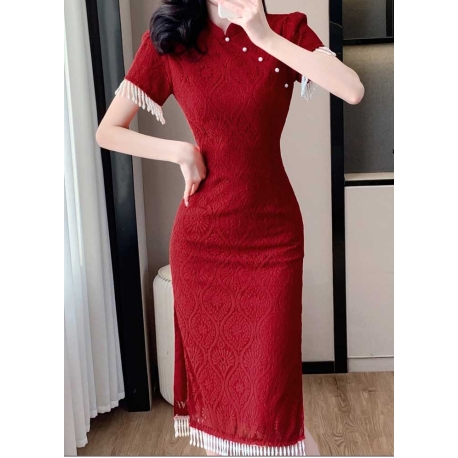 dress cheongsam merah import D8484
