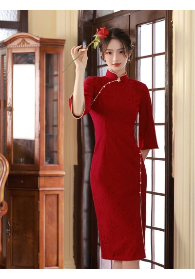 dress cheongsam merah wanita import D8487