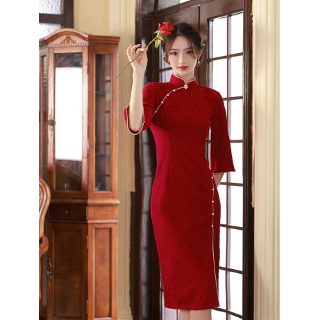 dress cheongsam merah wanita import D8487