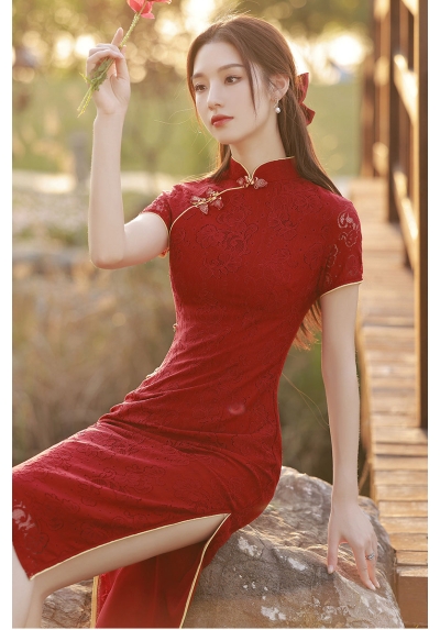 dress cheongsam merah wanita import D8502