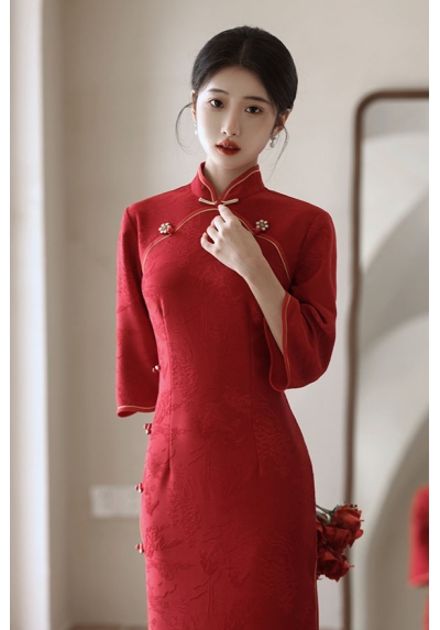 dress cheongsam merah wanita import D8512