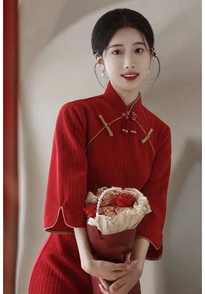 dress cheongsam merah wanita import D8521