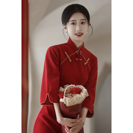 dress cheongsam merah wanita import D8521