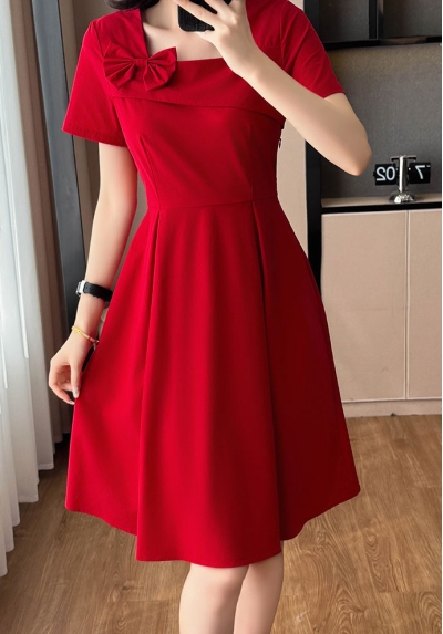 dress merah wanita korea import D8543