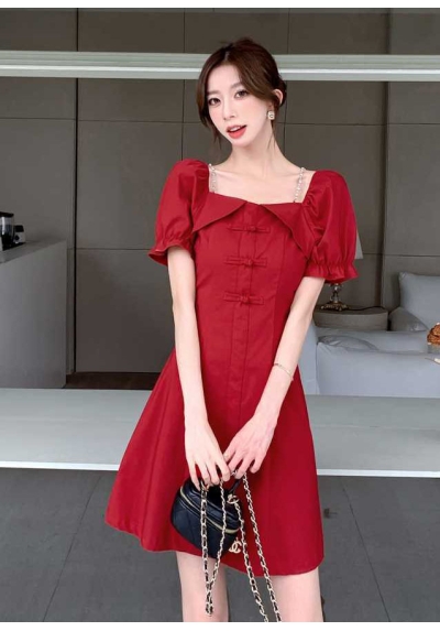 dress merah wanita korea import D8544