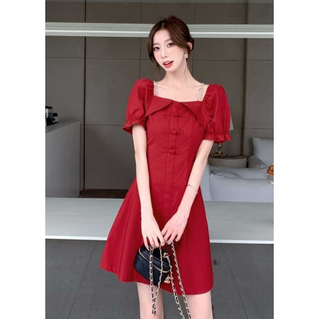 dress merah wanita korea import D8544
