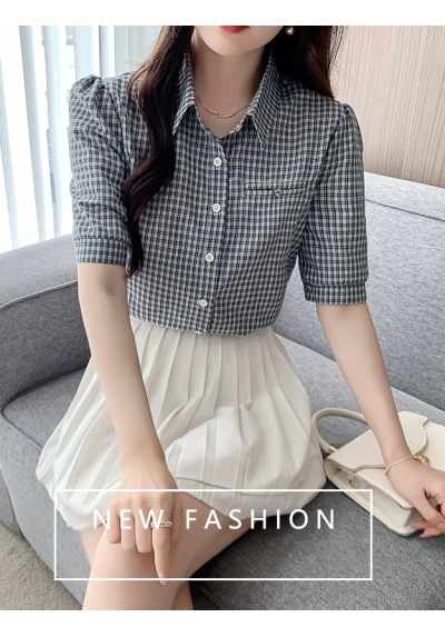 Kemeja merah kotak kotak wanita lengan pendek import T8925