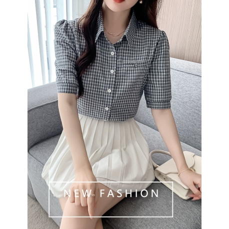 Kemeja merah kotak kotak wanita lengan pendek import T8925