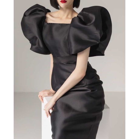 dress pesta hitam wanita korean import  D8570