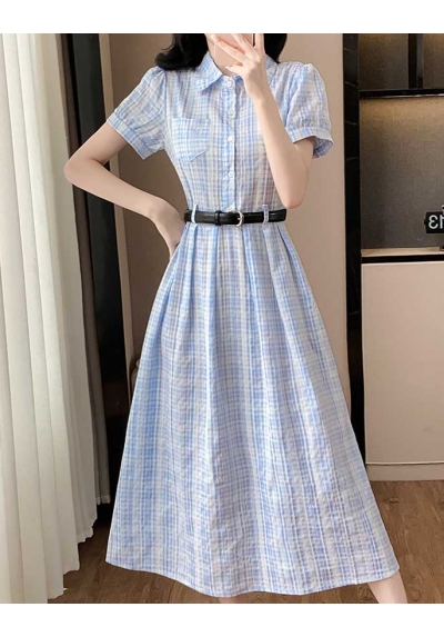 midi dress wanita korea import motif kotak kotak D8585