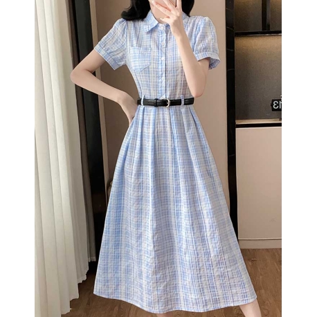 midi dress wanita korea import motif kotak kotak D8585