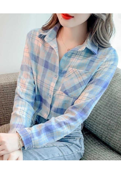 atasan kemeja kerja wanita korea motif kotak kotak T9018