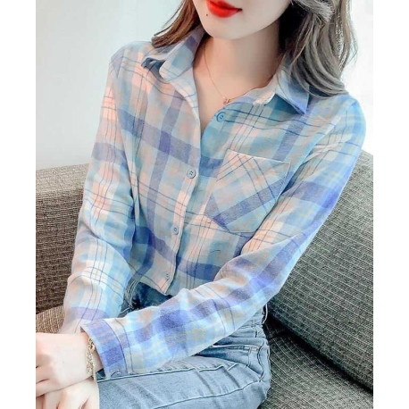 atasan kemeja kerja wanita korea motif kotak kotak T9018