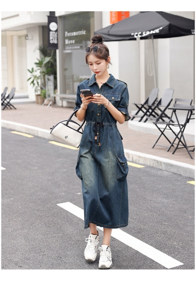 dress denim wanita korean style  lengan panjang D8619