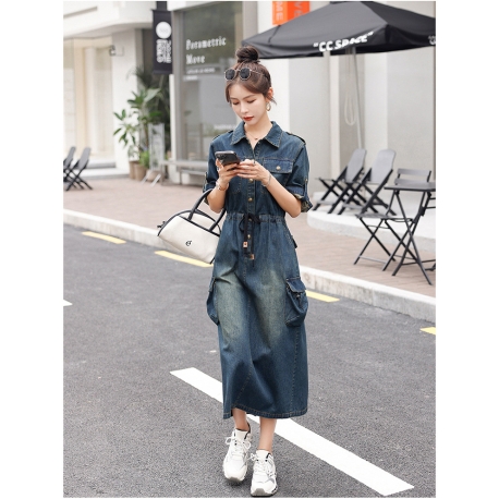 dress denim wanita korean style  lengan panjang D8619