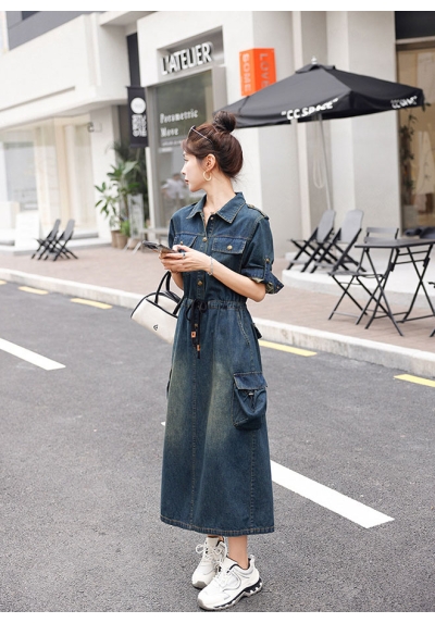 dress denim wanita korean style  lengan panjang D8619