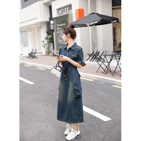 dress denim wanita korean style  lengan panjang D8619