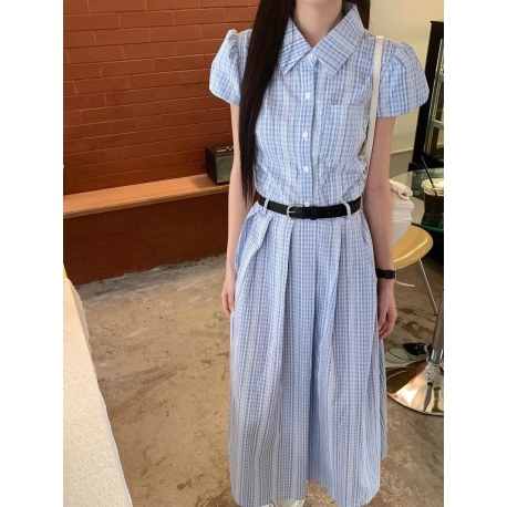 midi dress wanita korea import motif kotak kotak D8585