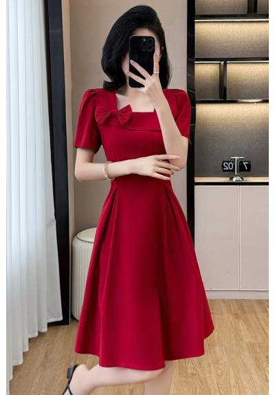 dress merah wanita korea import D8543