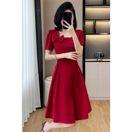 dress merah wanita korea import D8543